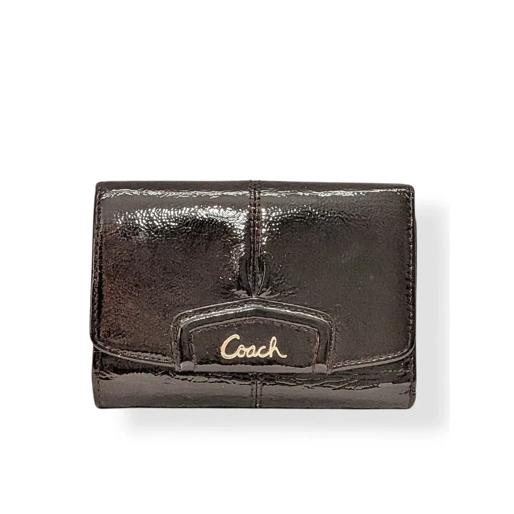 Coach Ashley Trifold Wallet‎ Mahogany Brown Shiny Logo Pleated Patent Leather